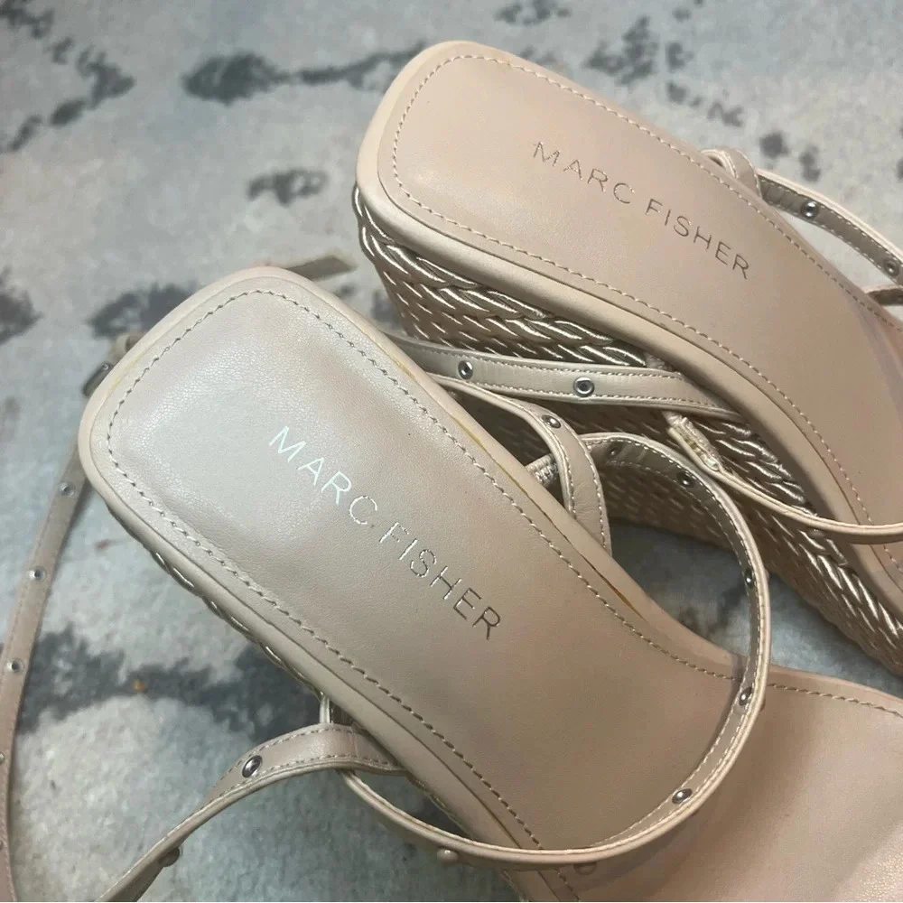 MARC FISHER Zig Studded Square Toe Beige Beachy Espadrille Wedge Heels